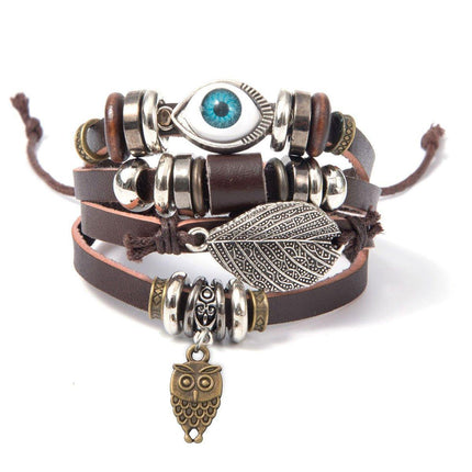 Turquoise Woven Leather Multi Layered Beaded Bracelet with Wood Beads Women