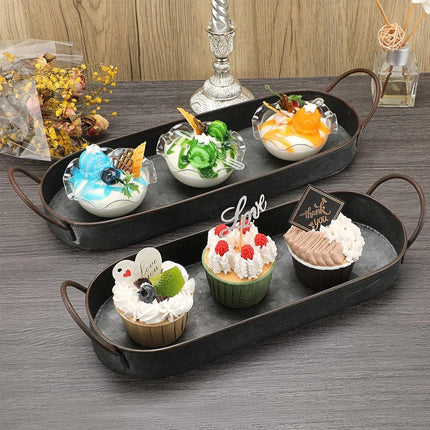 2Pcs Metal Galvanized Tray Metal Decor Chic Farmhouse Tray Centerpiece Oval Tray