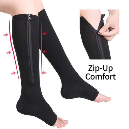 Zip Sox Compression Socks Zipper Leg Support Knee Open Toe Shaper Stockings Black - Aimall