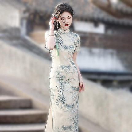 Long Cheongsam Chinese Style Slim Fit Eight Buttons Ink Painting Dress Colourful