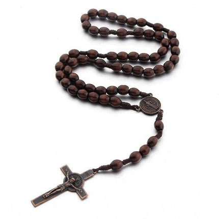 1PC Wooden Rosary Beads Necklace Christian Cross Catholic Rosary Beads - Aimall