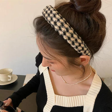 Womens Plaid Headband Padded Hairband Wide Sponge Hair Hoop Band Head Decor - Aimall