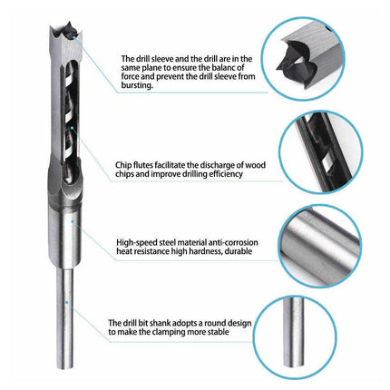 3x Square Hole Mortising Chisel Drill Bit Woodworking Saw Tools for Drilling