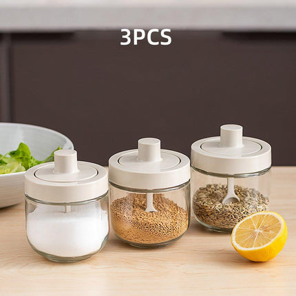 3PCS Glass Seasoning Jar with Spoon Lid Kitchen Salt Spice Storage Box Organizer