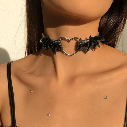 Black Choker Necklace with Gothic Punk Vampire Heart Wing Design