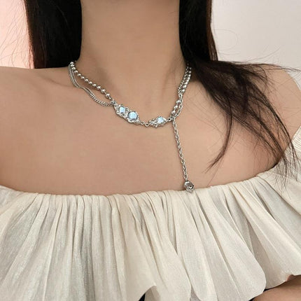 Moonstone Pendant Necklace Cool Tone Clavicle Chain for Women Girls Jewelry Gift - Aimall