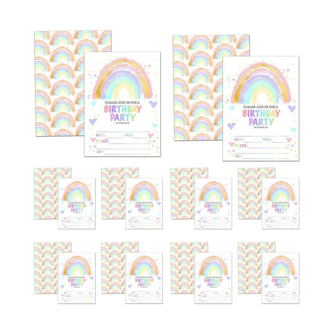 20PCS Rainbow Party Invitation Cards With Envelopes Birthday Theme Colourful Set