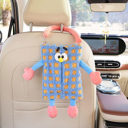Plush Car Tissue Box Striped Plaid Seatback Hanging Tissue Holder Drawer Design