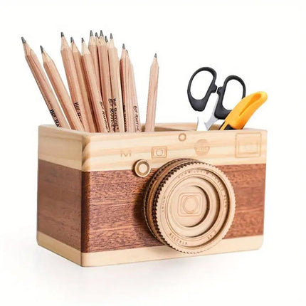 Vintage Wooden Camera Pen Holder Handmade Retro Gift Box Graduation Souvenir