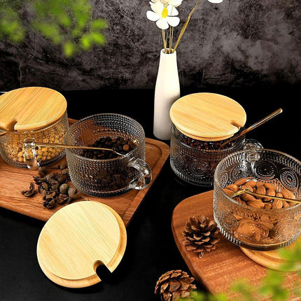 4PCS Vintage 14oz Embossed Glass Coffee Cups with Bamboo Lid and Spoon for Tea Milk