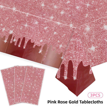 3PCS Rose Gold Disposable PE Tablecloths Waterproof Party Background Cloth Set
