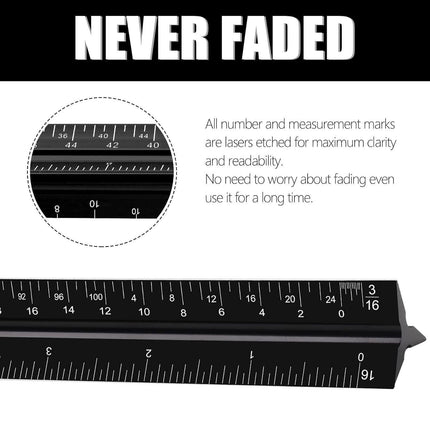 Aluminum Alloy Black Triangular Ruler Imperial Laser Engraved Architect Tool