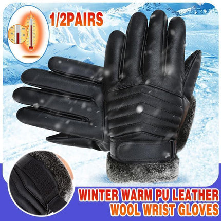 1/2 Winter Warm PU Leather Wool Wrist Gloves Touch Screen Full Finger Fur Mitten - Aimall