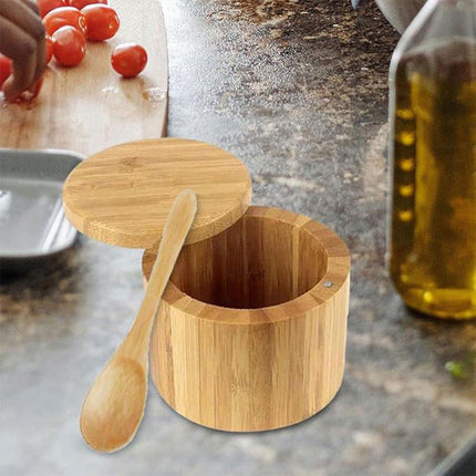 Bamboo Salt Box with Lid Mini Spoon Round Spice Storage Jar Kitchen Utensils Set