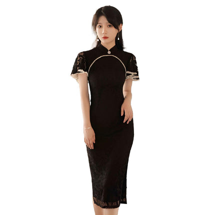 Mid-Length Lace Cheongsam Dress Retro Improved Slim-Fit Chinese Qipao Gown