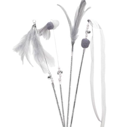 4PCS Cat Teaser Stick with Bells Feathers Bite-resistant Long Rod Toy Supplies