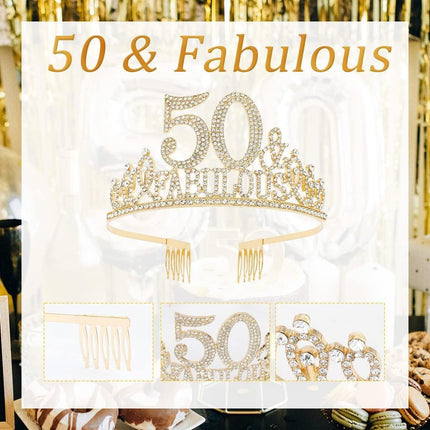 50th Birthday Gold Party Set Hairband Crown Sash Belt Ceremonial Accessory Kit