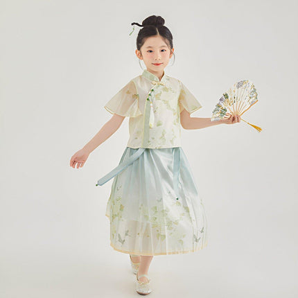 New Chinese Style Girls Short-Sleeved Horse Skirt Suit Traditional Two-Piece Outfit