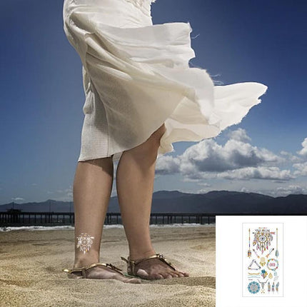 Women Lady Metallic gold silver color boho arm Body Temporary Tattoo Sticker Art - Aimall