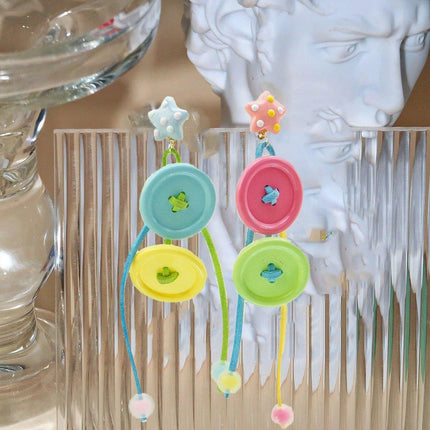 Candy-Coloured Braided Button Earrings Long Tassels Fashion Jewelry Gift
