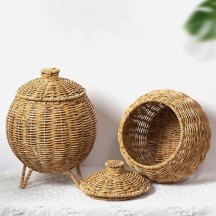 Hand Woven Storage Container with Lid Tabletop Basket Sundries Holder Organizer