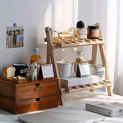 Wooden Desktop Storage Rack Double-Layer Desktop Storage Shelf Folding Organizer