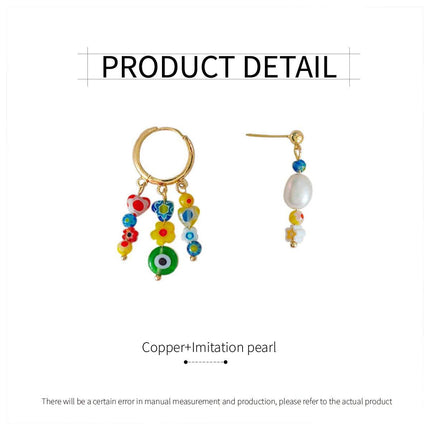 Vintage Asymmetrical Earrings Handmade Floral Glass and Pearl Drop Design for Women