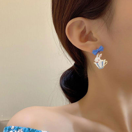 Cartoon Rabbit Earrings with Blue Bow Irregular Shape Cute Fashion Jewelry