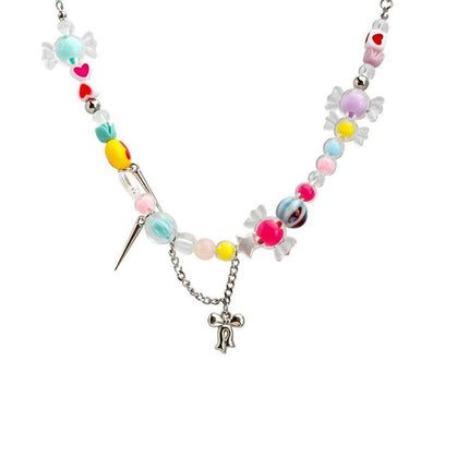 Cute Candy Heart Colourful Beaded Necklace Women Girls Trendy Fashion