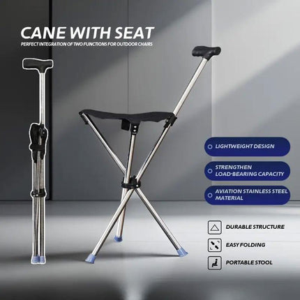 Stainless Steel Walking Stick with Seat Folding Cane Chair for Travel and Outdoor Use