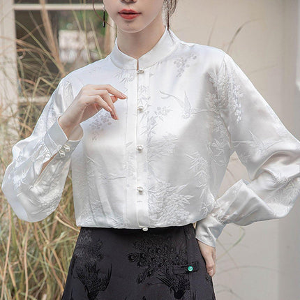 New Spring White Chinese Style Womens Top with Stand Collar Elegant Shirt