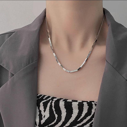 Basic Titanium Steel Silver Slide Block Chain Sparkling Necklace Women Jewelry - Aimall