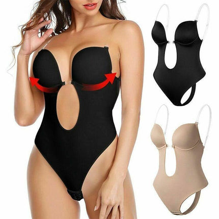 M Size Women Deep U Plunge Seamless Push Up Bra Thong Backless Bodysuit - Aimall