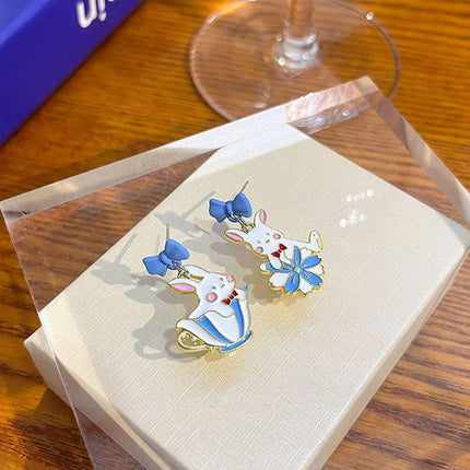 Cartoon Rabbit Earrings with Blue Bow Irregular Shape Cute Fashion Jewelry