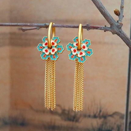 New Chinese Tassel Heart Flower Earrings Women Elegant Dangle Drop Fashion