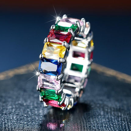 Rainbow Zircon Gemstone Ring Women's Stainless Steel Colourful Ring Size 6-10 - Aimall