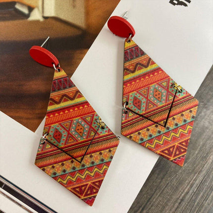 Boho Print Wood Earrings Diamond Shape Drop Dangle Fashion Jewelry for Women