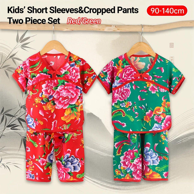 Cotton Pajamas Set Boys Girls Floral Short Sleeve Top and Pants Summer Sleepwear