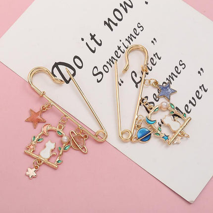 Cartoon Metal Brooch Cute Cat Swinging With Planet Moon Pendant Brooch Pin - Aimall