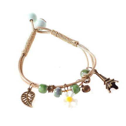Flower Pendant Waxed Thread Rope Ceramic Beaded Wristband Bracelet Birthday Gift - Aimall
