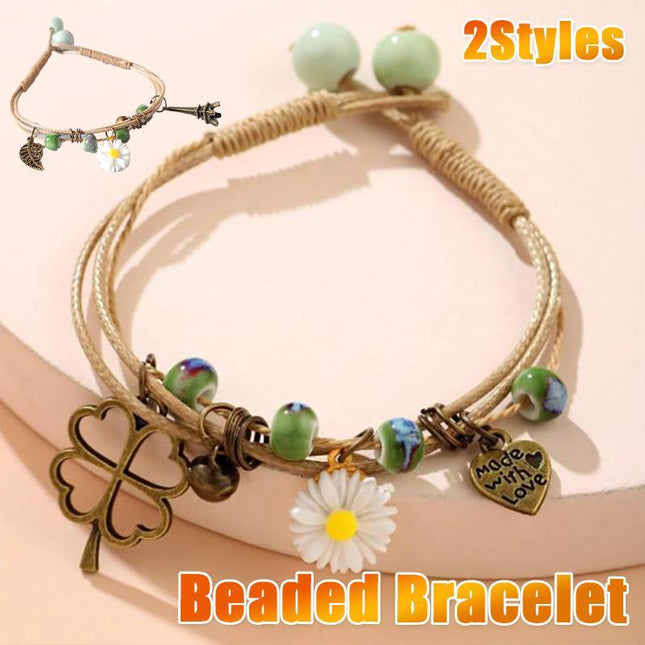 Flower Pendant Waxed Thread Rope Ceramic Beaded Wristband Bracelet Birthday Gift - Aimall