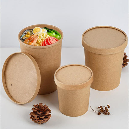 250x Biodegradable Kraft Paper Soup Bucket with Lid Takeaway Tubs Cups - Aimall