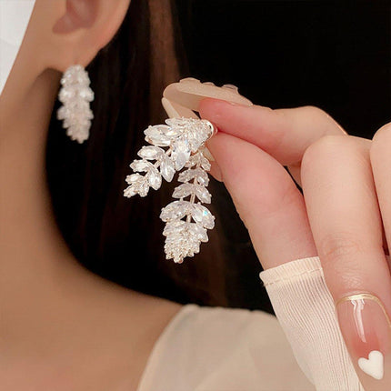 Zircon Leaves Earrings Before After Wear Design Fashion Jewellery Women
