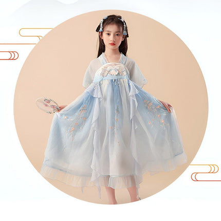 Blue Hanfu Girl Super Fairy Dress Mesh Traditional Chinese Style Princess Outfit