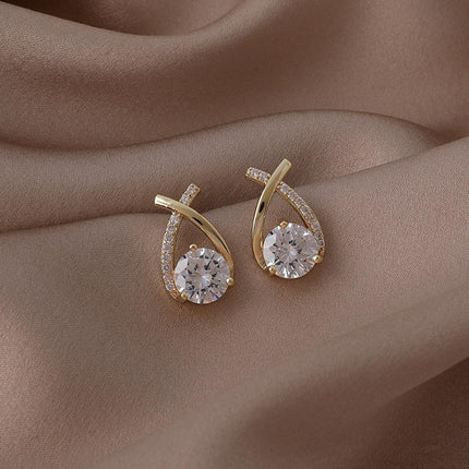 Gold Zircon Crossed Stud Earrings Elegant Simple Earrings For Women Fashion - Aimall