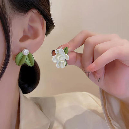 Green 925 Silver Needle Summer Sweet Flower Cluster Asymmetry Earrings Stud Gift - Aimall