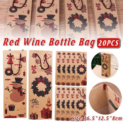 20PCS Christmas Wine Bottle Gift Bags Kraft Paper Red Wine Bag Holiday Set