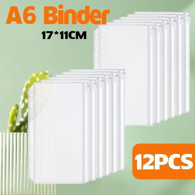 12Pcs Clear A6 Binder Pocket Zipper Folders 6 Holes Document Filling Bags Kits - Aimall