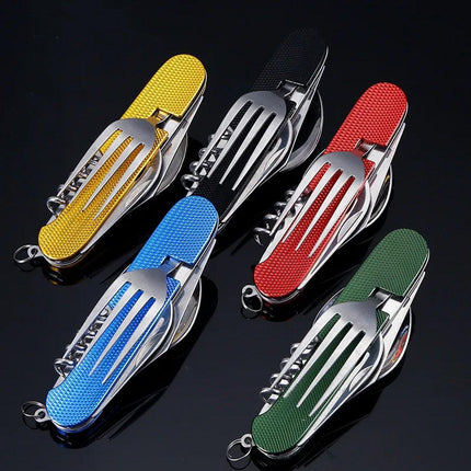 2X 6 in 1 Pocket Hiking Set Tool Fork Spoon Utensil Folding Camping Knife Travel