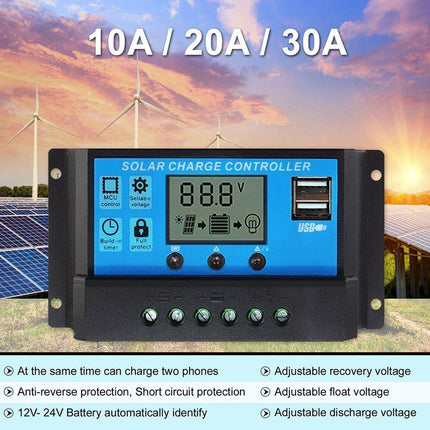 20A Solar Charge Controller 12V 24V LCD 2 USB Ports Lead-Acid Regulator